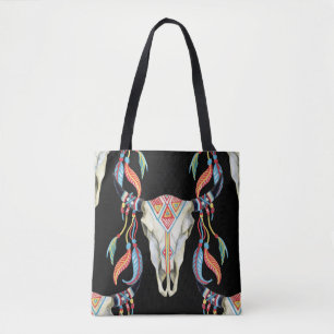 Bolsa Tote Caveira de Buffalo: Fundo Preto de Aquarela.