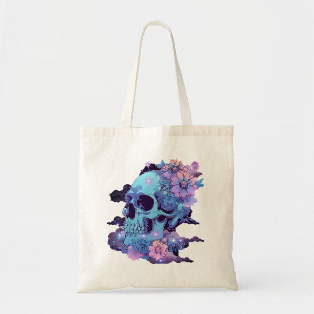Bolsa Tote Caveira de Pastel com Flores e Estrelas Tote Bag (Frente)