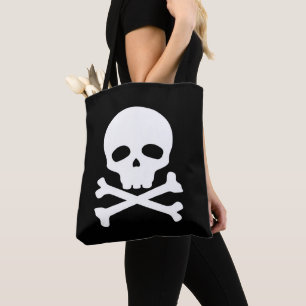 Bolsa Tote Caveira de Pirata Branca em Fundo Preto