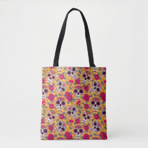 Bolsa Tote Caveira e Flores. Um Fundo Ininterrupto. da mexica