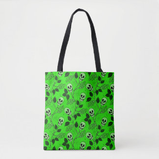 Bolsa Tote Caveira Floral Gótica Verde Neon