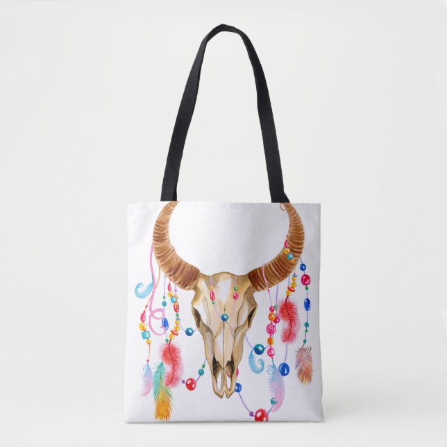 Bolsa Tote Caveira Isolada De Aquarela: Fundo Branco. (Frente)