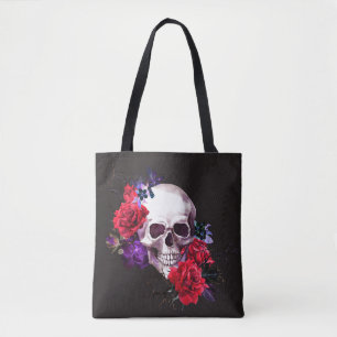 Bolsa Tote Caveira & Rosas: Aquarela Floral Escura.