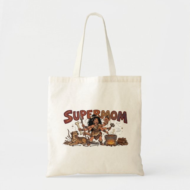 Bolsa Tote Cavernícola Divertida Super Mãe Multitarefa Retro (Frente)