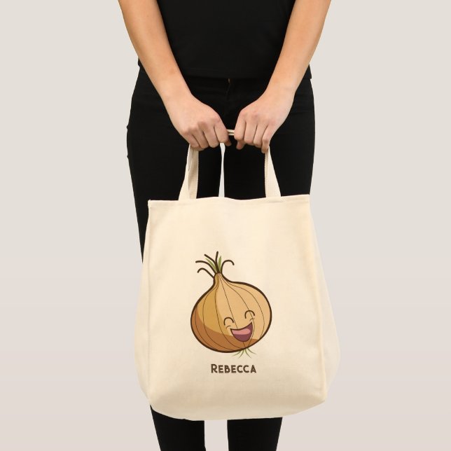 Bolsa Tote Cebolha Risonha, Cenoura Sorridente Monogramada (Frente (produto))