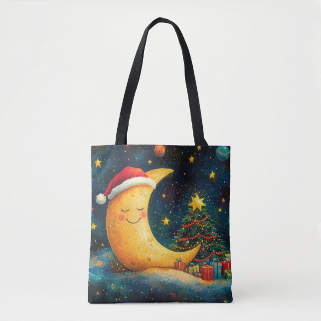 Bolsa Tote Celebração Divertida da Lua Galáctica no Natal (Frente)