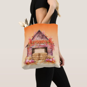Bolsa Tote Celeiro Rosa Bonito e Abóboras Laranja Halloween