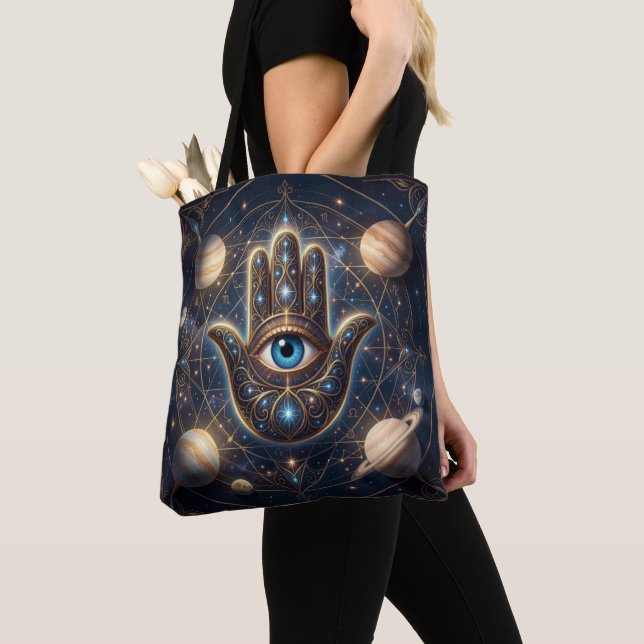 Bolsa Tote Celestial Hamsa Hand & Evil Eye Cosmic Protection  (Close Up)