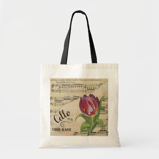 Bolsa Tote Cello Tulip Vintage Sheet Music Personalizada (Frente)