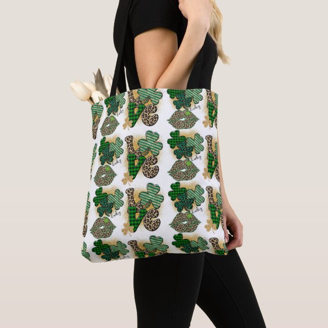 BOLSA TOTE CÉLULAS DE SHAMROCKS IRLANDESES COM PADRÕES VERDES (Close Up)