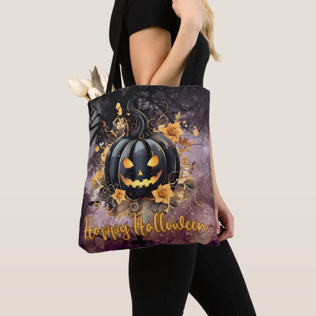 Bolsa Tote Cemitério de Abóbora Preta Feliz Halloween (Close Up)