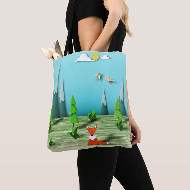 Bolsa Tote Cena da Floresta Origami com Montanhas Fox e Aves (Criador carregado)