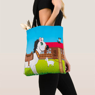 Bolsa Tote Cena de Fazenda de Cartoon com Gato de Cavalo e Ca