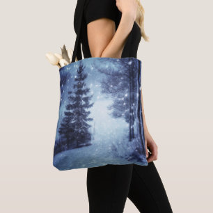 Bolsa Tote Cena de inverno da Floresta Mágica Azul Lua