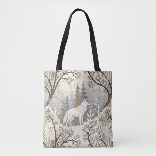 Bolsa Tote Cena de inverno Tranquila com Lobos Brancos (Frente)