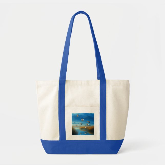Bolsa Tote Cena de lago da natureza serena com grous voando (Frente)
