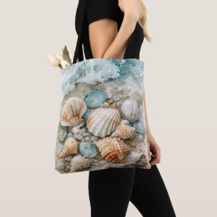 Bolsa Tote Cena de Madeira Flutuante em Aquarela de Mariscos