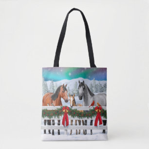 Bolsa Tote Cena de Natal Cavalos Baio de Pele de Camurça Cinz