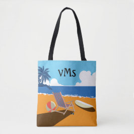 Bolsa Tote Cena de praia, surfista, cadeira, laranja e azul