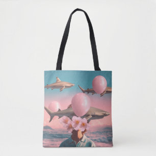 Bolsa Tote Cena de Sonho Surreal com Tubarões e Balões