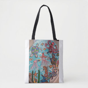 Bolsa Tote Cena do Oceano Sob o Mar — Sereia Tartaruga Polvo
