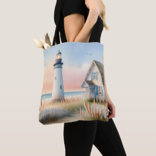 Bolsa Tote Cena em aquarela de Farol à Beira-Mar e Chalé