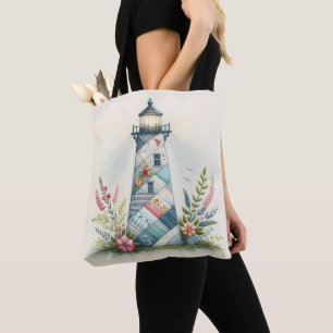 Bolsa Tote Cena Floral de Farol em Remendo Costeiro