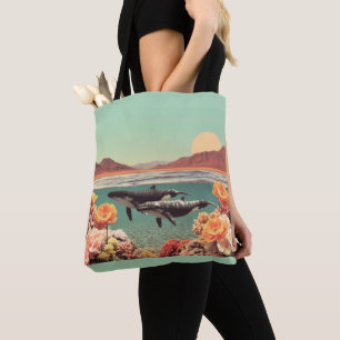Bolsa Tote Cena Surrealista do Oceano com Baleias e Coral