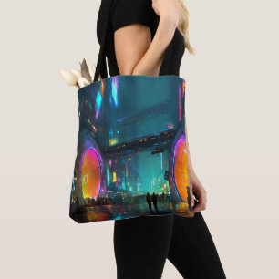 Bolsa Tote Cenário Urbano Cyberpunk Vibrante com Arcos