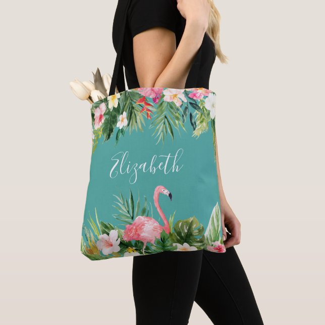 Bolsa Tote Cerceta floral tropical do flamingo da aguarela (Close Up)