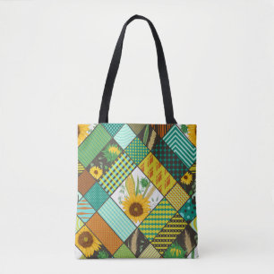 Bolsa Tote Cereais de retalhos, girassóis, padrão geométrico.