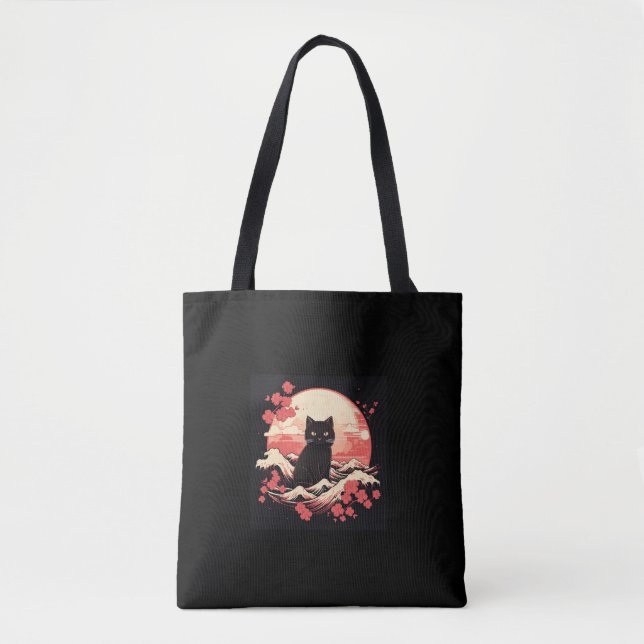 Bolsa Tote Cereja Blossom Night_ Black Cat e Lua Cheia (Frente)