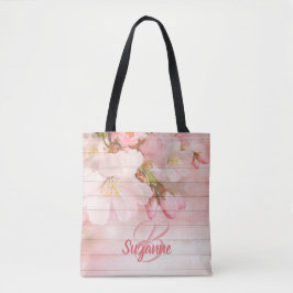 Bolsa Tote Cereja rosada monogramada floresce pastel feminino