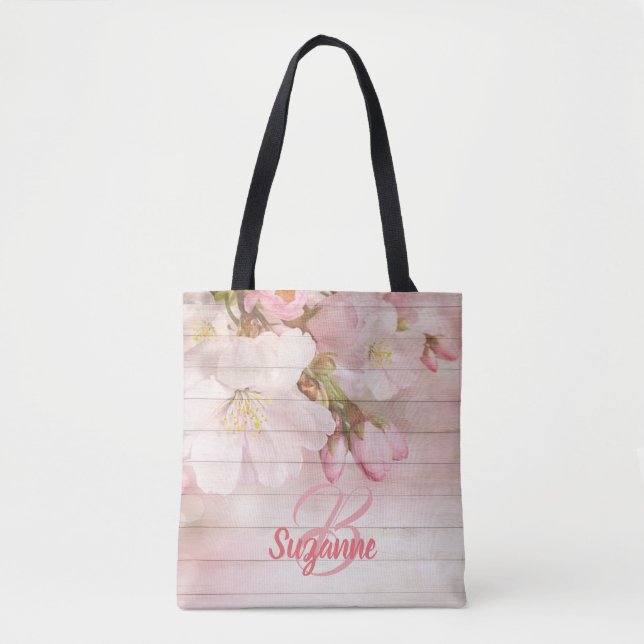 Bolsa Tote Cereja rosada monogramada floresce pastel feminino (Frente)