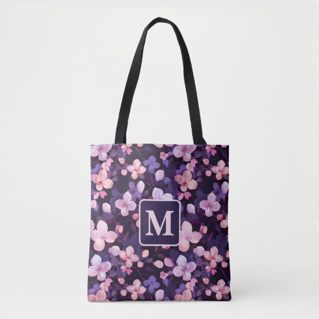 Bolsa Tote Cereja roxa floresce monograma personalizado (Frente)