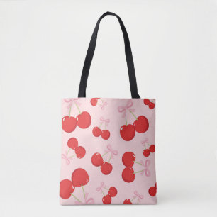 Bolsa Tote Cerejas Vermelhas com Laço Rosa Coquette Estilo Co