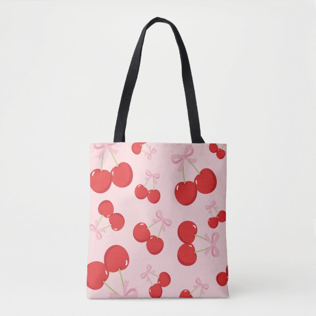 Bolsa Tote Cerejas Vermelhas com Laço Rosa Coquette Estilo Co (Frente)