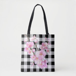 Bolsa Tote Cerejeira rosa-Elegante floresce gingham branco-pr