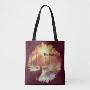 Bolsa Tote Cervo na Floresta Nebulosa ao Nascer do Sol Dourad