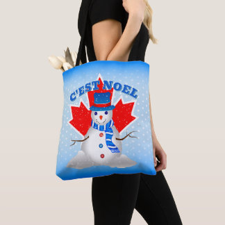 Bolsa Tote C'EST NOEL Canadian Maple Leaf Snowman Christmas