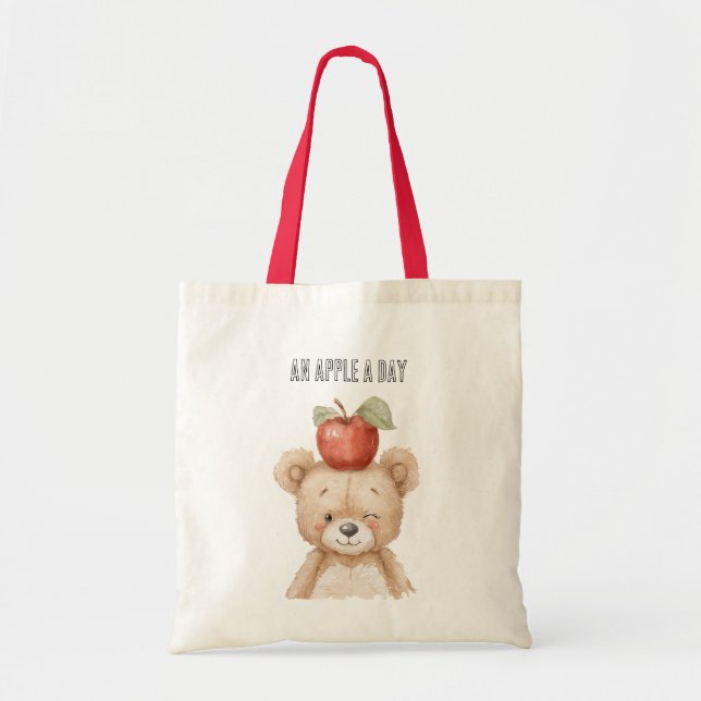 Bolsa Tote Cesta de Urso de Uma Maçã Por Dia (Frente)