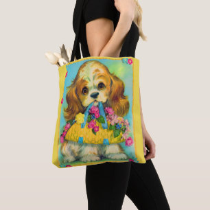 Bolsa Tote cesto de flores de cãozinho fofo