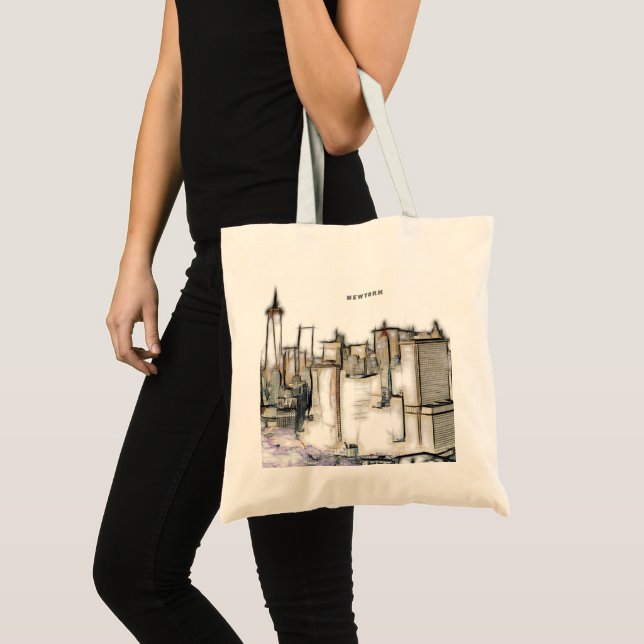 Bolsa Tote Céu Preto e Branco Desenho da Cidade de Nova York (Frente (produto))