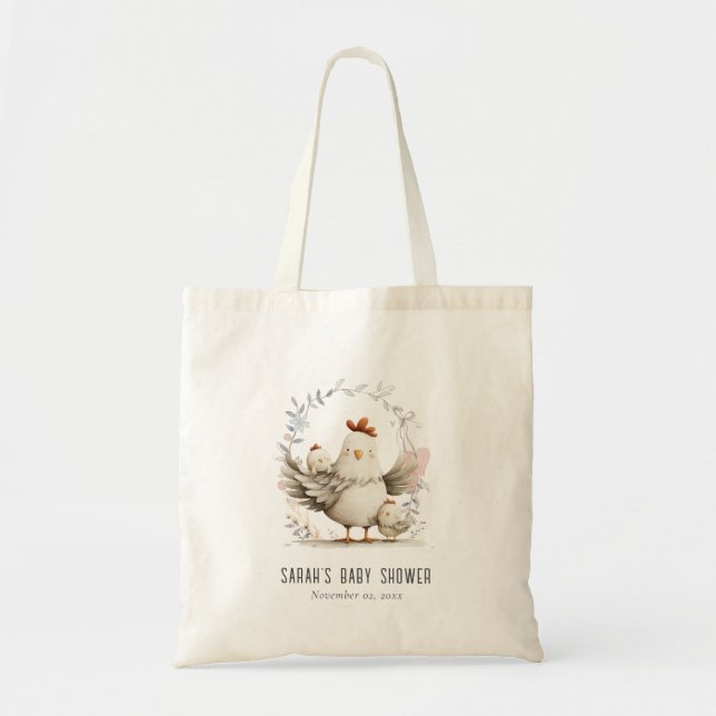 Bolsa Tote Chá de Bebê Floral Mãe e Bebê Frango Fofa Fazenda (Frente)