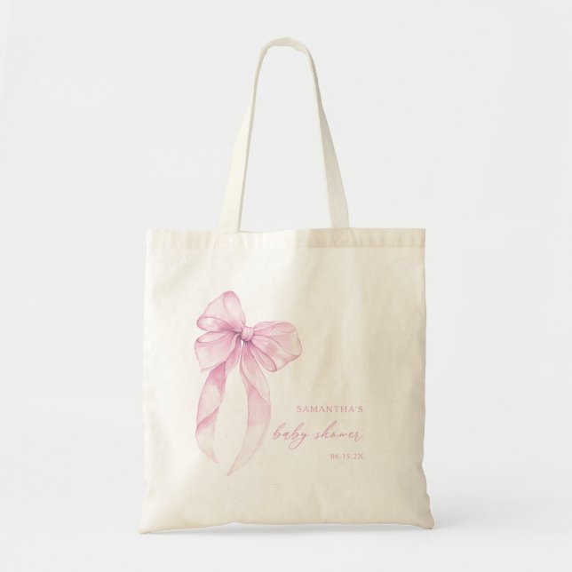 Bolsa Tote Chá de Bebê Moderno Rosa Coquete com Laço (Frente)