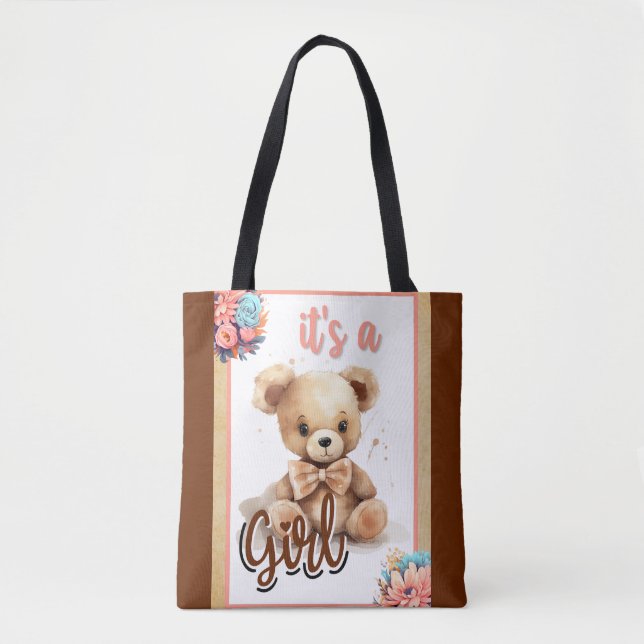 Bolsa Tote Chá de fraldas do Urso Rosa Boho (Frente)