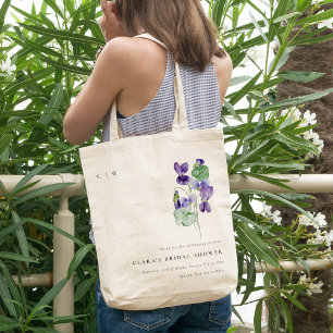 Bolsa Tote Chá de panela bonito Monograma Violet Floral Bunch