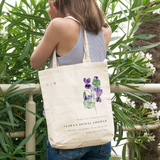 Bolsa Tote Chá de panela bonito Monograma Violet Floral Bunch (Criador carregado)