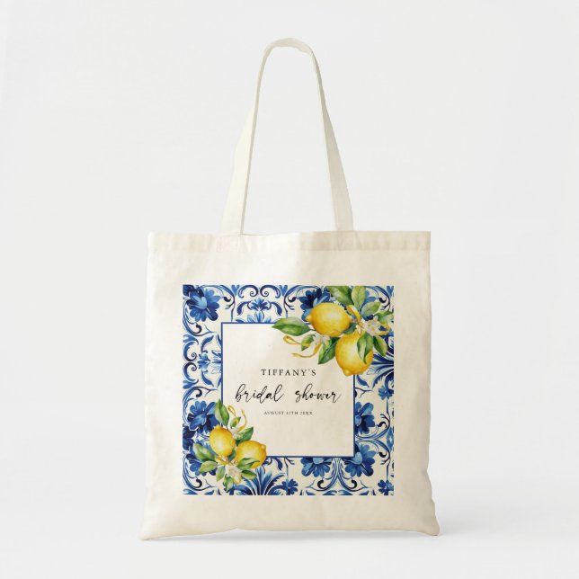 Bolsa Tote Chá de panela de limões Azulejos azuis do Mediterr (Frente)