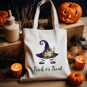 Bolsa Tote Chapéu de Bruxa Roxo Fofo de Halloween Doces ou Tr